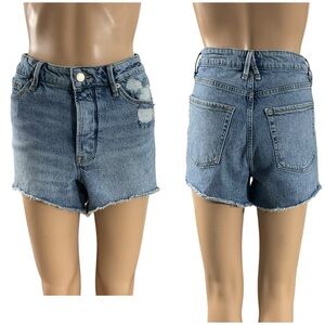 Good American Distressed High Rise Denim Shorts Size 6/28 Raw Hem Button Fly